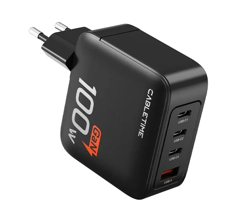שנאי ללא כבל Cabletime 100W 3xUSB-C+1xUSB-A CT-GAN100-PB